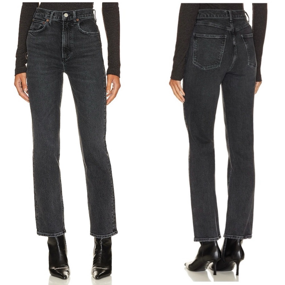 Agolde High Rise Stovepipe Straight Leg Jeans in Metal Black Gray 24